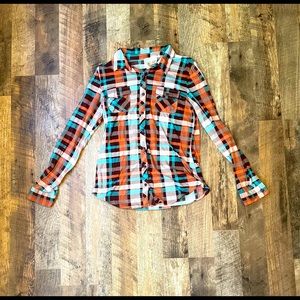 Brown, orange, and blue flannel long sleeve